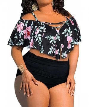 Sets Women's Plus Size Two Piece Swimsuit Flounce Off Shoulder Bikini High Waisted Bathing Suits - Black-2 - C7198NCYUDW