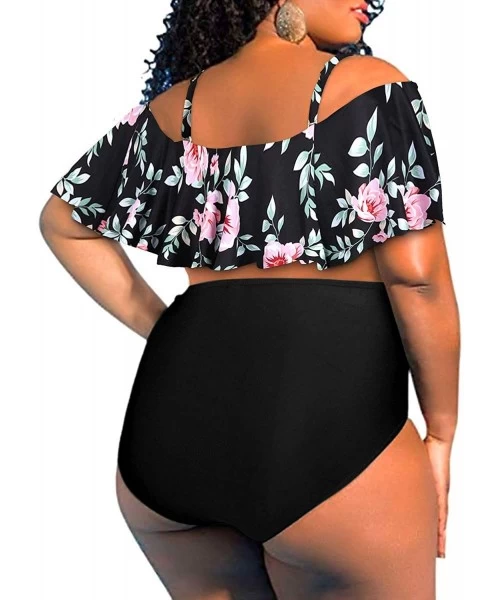 Sets Women's Plus Size Two Piece Swimsuit Flounce Off Shoulder Bikini High Waisted Bathing Suits - Black-2 - C7198NCYUDW