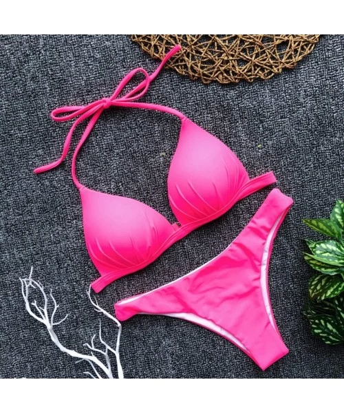 Sets Women's Bikini Solid Set Swimsuit Two Piece Filled Bra Swimwear Beachwear Beach Briefs Women 2019 New - Hot Pink - CD18R...