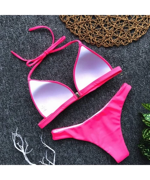 Sets Women's Bikini Solid Set Swimsuit Two Piece Filled Bra Swimwear Beachwear Beach Briefs Women 2019 New - Hot Pink - CD18R...