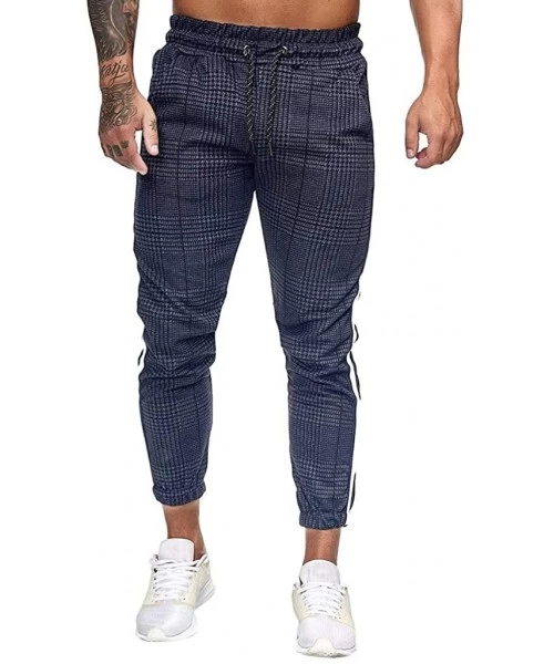 Rash Guards Mens Joggers Pants Slim-fit Gym Sport Workout Sweatpants Plaid Stripe Printing Pocketed Pants - Navy - CJ18A4AEYR9