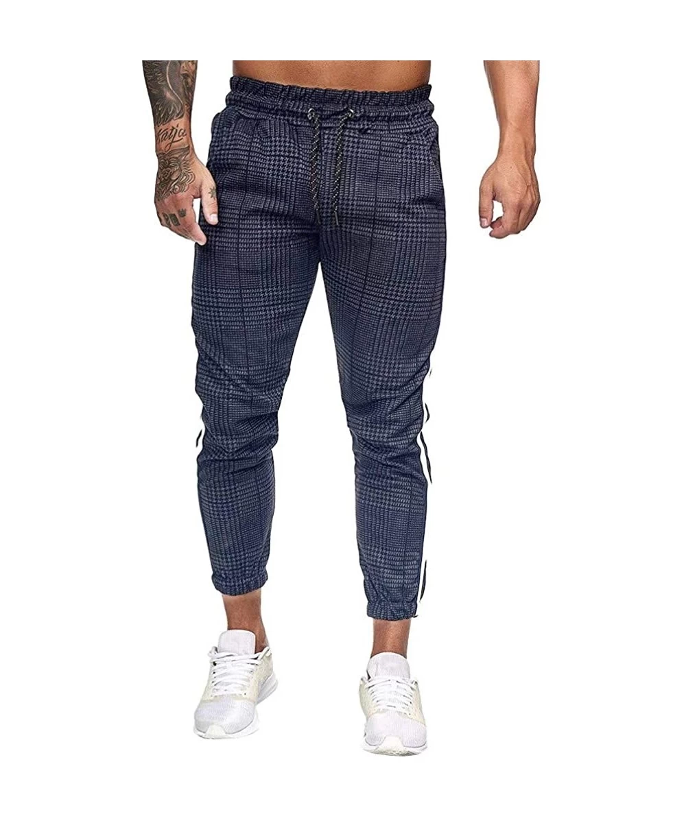 Rash Guards Mens Joggers Pants Slim-fit Gym Sport Workout Sweatpants Plaid Stripe Printing Pocketed Pants - Navy - CJ18A4AEYR9