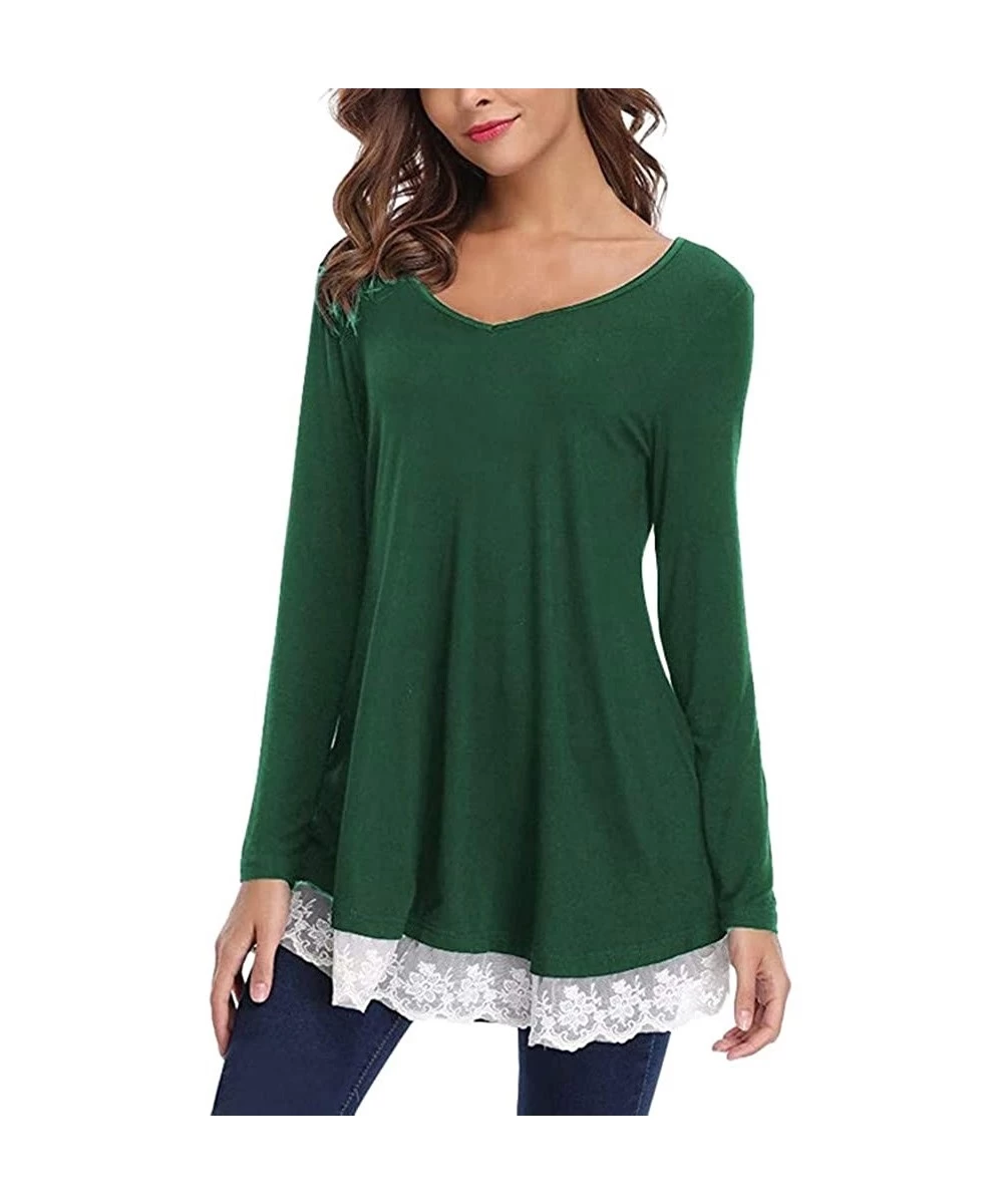 Cover-Ups Blouses for Womens- Women Casual Long Sleeve Loose Lace Hem Tops Tunic Blouses - Green - C418N0QAX4O