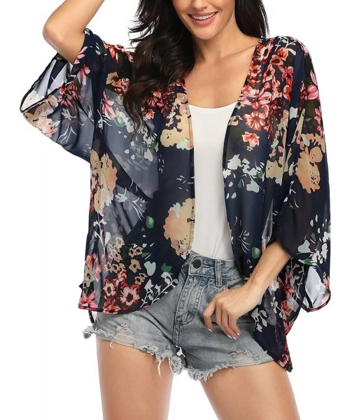 Cover-Ups Women's 3/4 Sleeve Floral Kimono Cardigan- Sheer Loose Shawl Capes- Chiffon Beach Cover-Up- Casual Blouse Tops - A1...