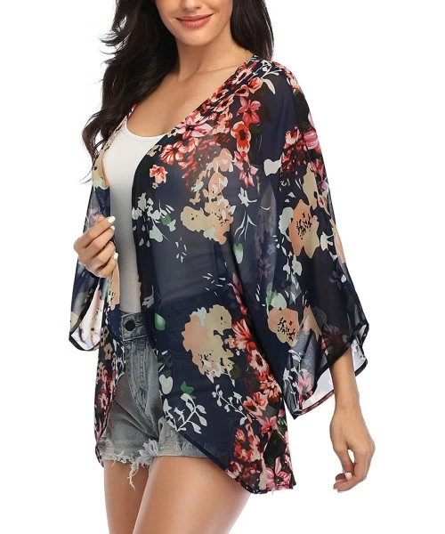 Cover-Ups Women's 3/4 Sleeve Floral Kimono Cardigan- Sheer Loose Shawl Capes- Chiffon Beach Cover-Up- Casual Blouse Tops - A1...