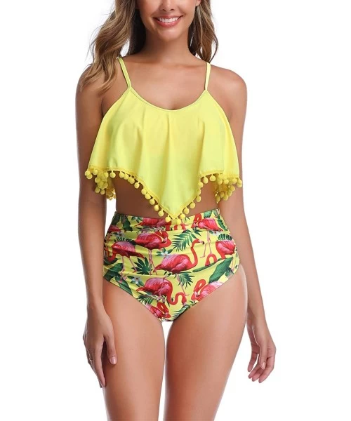 Sets Woemn Bikini Two Piece High Waisted Swimsuit Ruffled Flounce Tassel Bathing Suits - Yellow + Flamingo - CT18WAA4Q9Z