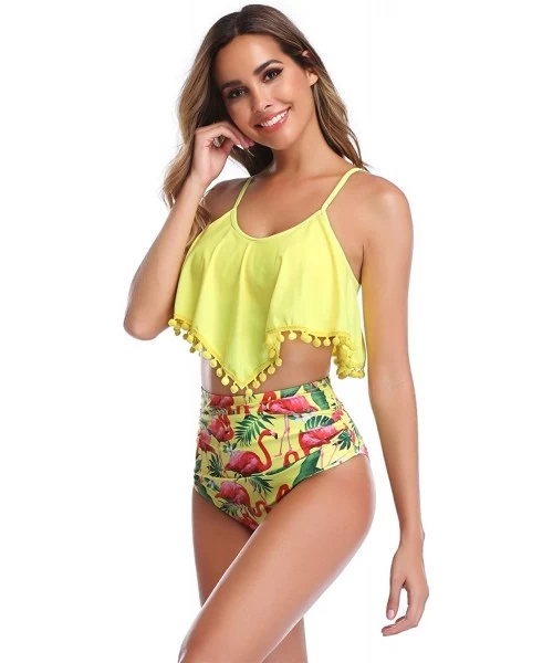 Sets Woemn Bikini Two Piece High Waisted Swimsuit Ruffled Flounce Tassel Bathing Suits - Yellow + Flamingo - CT18WAA4Q9Z