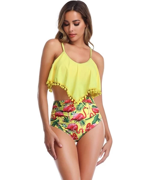 Sets Woemn Bikini Two Piece High Waisted Swimsuit Ruffled Flounce Tassel Bathing Suits - Yellow + Flamingo - CT18WAA4Q9Z