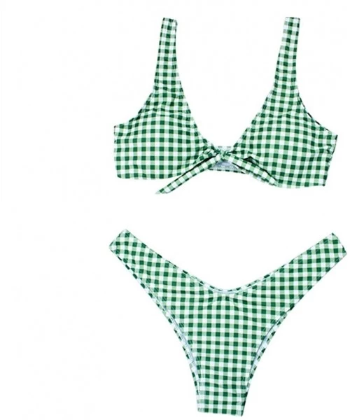 Sets Womens Plaid Print Swimwear Tie Front Knot Bathing Suit V Neck Design Two Piece Bikini Sets - Green - C518C77UQD5