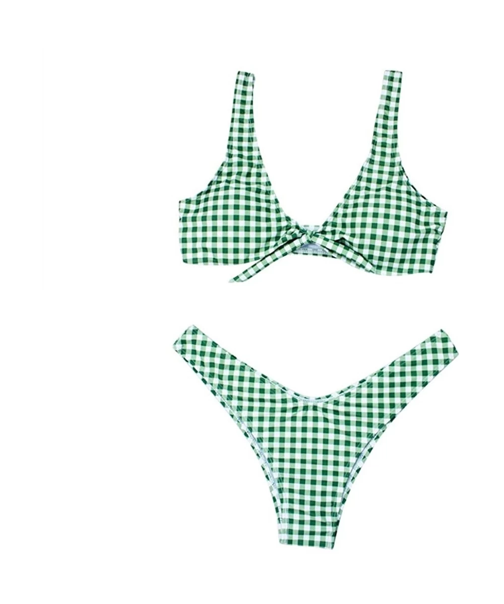 Sets Womens Plaid Print Swimwear Tie Front Knot Bathing Suit V Neck Design Two Piece Bikini Sets - Green - C518C77UQD5