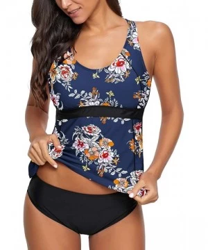 Sets Women's 2 Pieces Print Zip Front Racerback Tankini Set Swimsuits with Skirt - Blue-printed - CK190LKQ09R