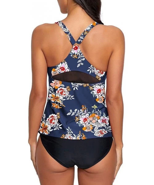 Sets Women's 2 Pieces Print Zip Front Racerback Tankini Set Swimsuits with Skirt - Blue-printed - CK190LKQ09R