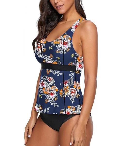 Sets Women's 2 Pieces Print Zip Front Racerback Tankini Set Swimsuits with Skirt - Blue-printed - CK190LKQ09R