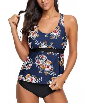 Sets Women's 2 Pieces Print Zip Front Racerback Tankini Set Swimsuits with Skirt - Blue-printed - CK190LKQ09R