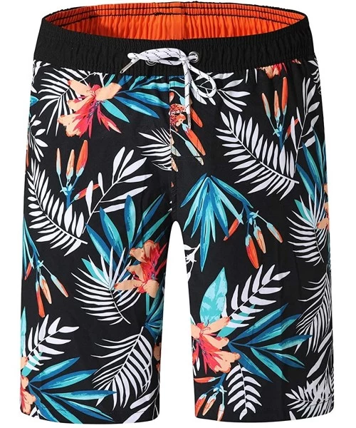 Board Shorts Mens Printed Swim Trunks Beach Shorts with Drawstring - Black Floral - CR18T73EYXZ