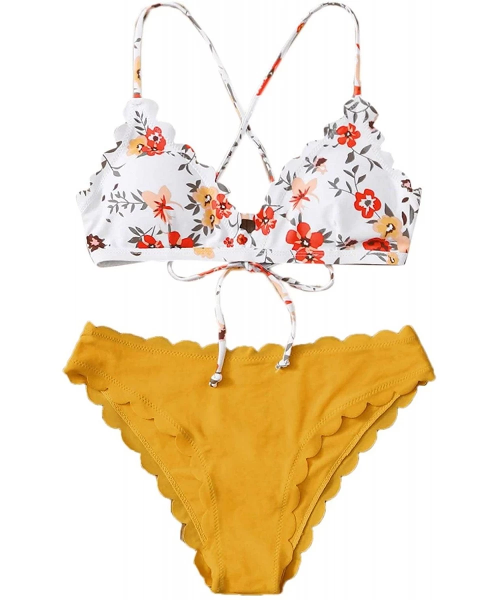 Sets Women's Criss Cross Tie Back Bikini Set Cute Two Piece Bathing Suits - White Yellow - C8197TUTDCR