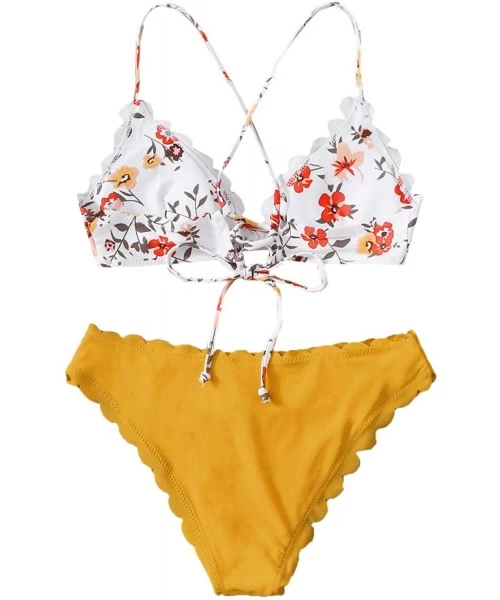 Sets Women's Criss Cross Tie Back Bikini Set Cute Two Piece Bathing Suits - White Yellow - C8197TUTDCR