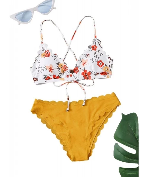 Sets Women's Criss Cross Tie Back Bikini Set Cute Two Piece Bathing Suits - White Yellow - C8197TUTDCR