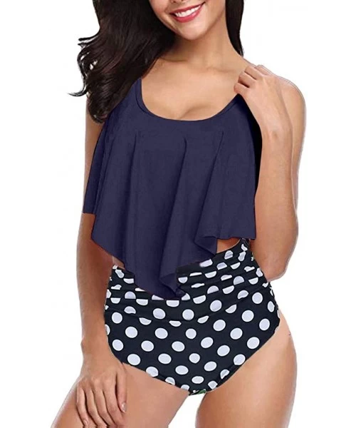 Sets Women Two Pieces Bathing Suits Top Ruffle with High Waisted Bottom Bikini Set - Navy - CO198RDI8YI