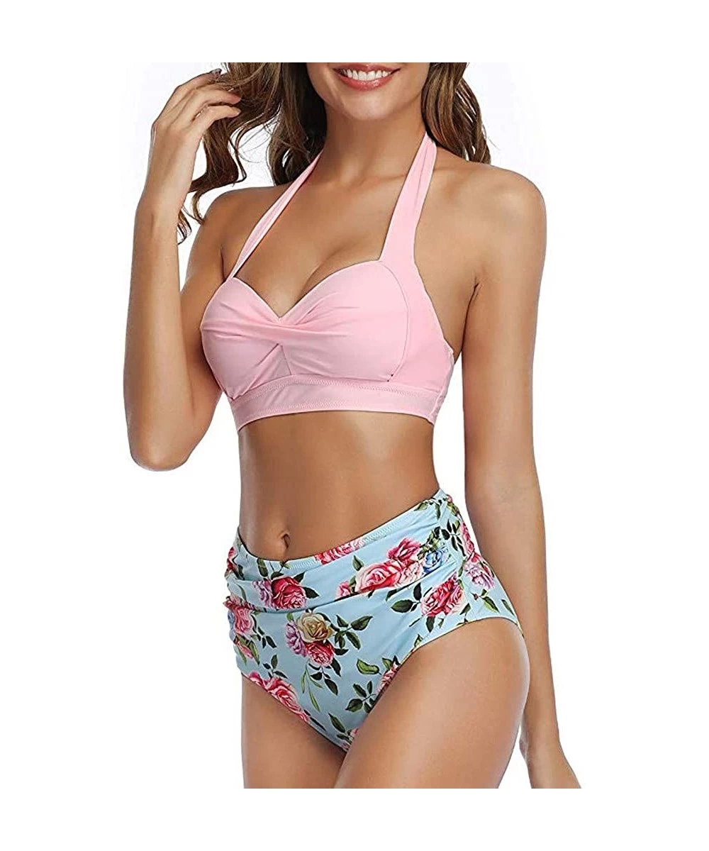 One-Pieces Swimsuit for Women Two Piece Retro Halter Ruched High Waist Print Bikini Set Swimwear Beach Bathing Suits - Pink -...