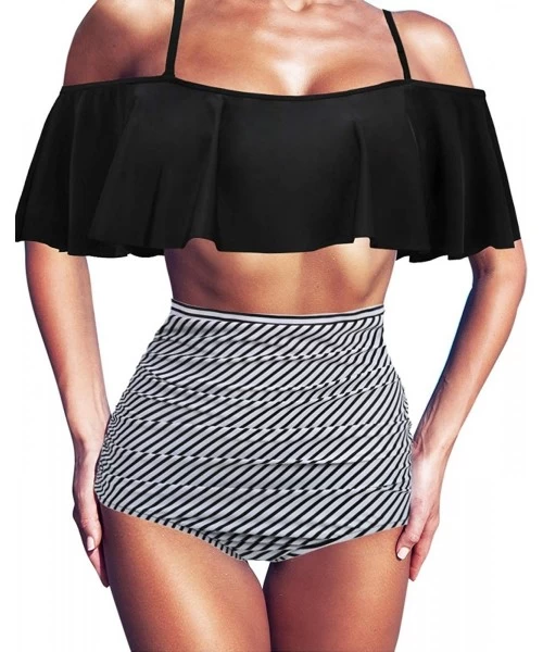 Sets Women's Retro Swimsuit Flounce Falbala Bathing Suit High Waist Bikini Set - Black White Stipes - CZ18QSMQNMI