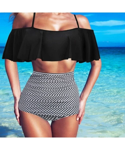 Sets Women's Retro Swimsuit Flounce Falbala Bathing Suit High Waist Bikini Set - Black White Stipes - CZ18QSMQNMI