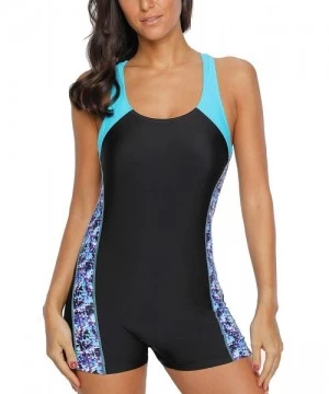 Racing Women Boyleg One Piece Swimsuit Athletic Racerback Swimwear Bathing Suit - Black/Aqua Print - C418TMCH988