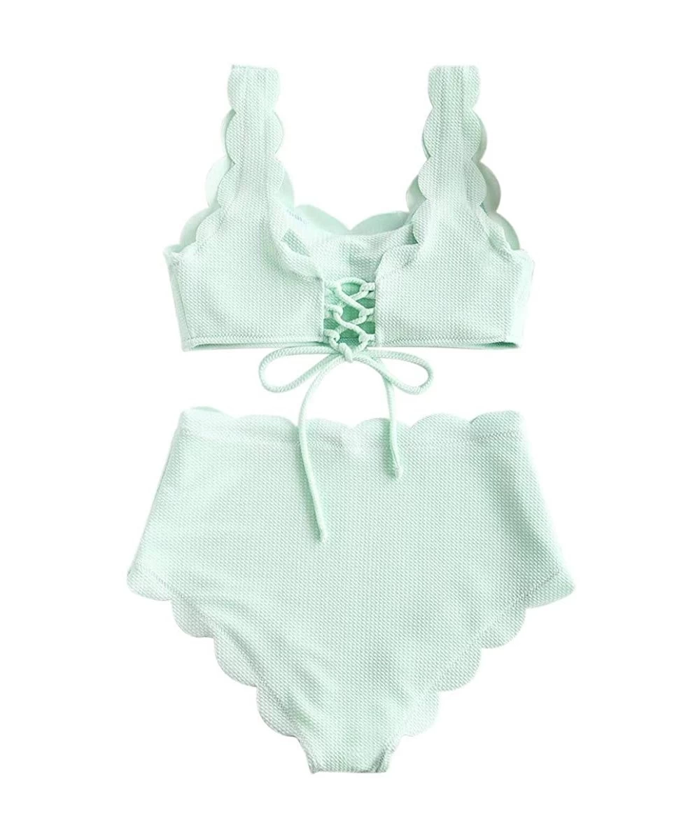 Bottoms Women Split Swimsuit Ladies Wavy Bandage Solid Color Push Up Tankini Sets Beachwear Swimwear Suit - Green - CP193ZE3TE4