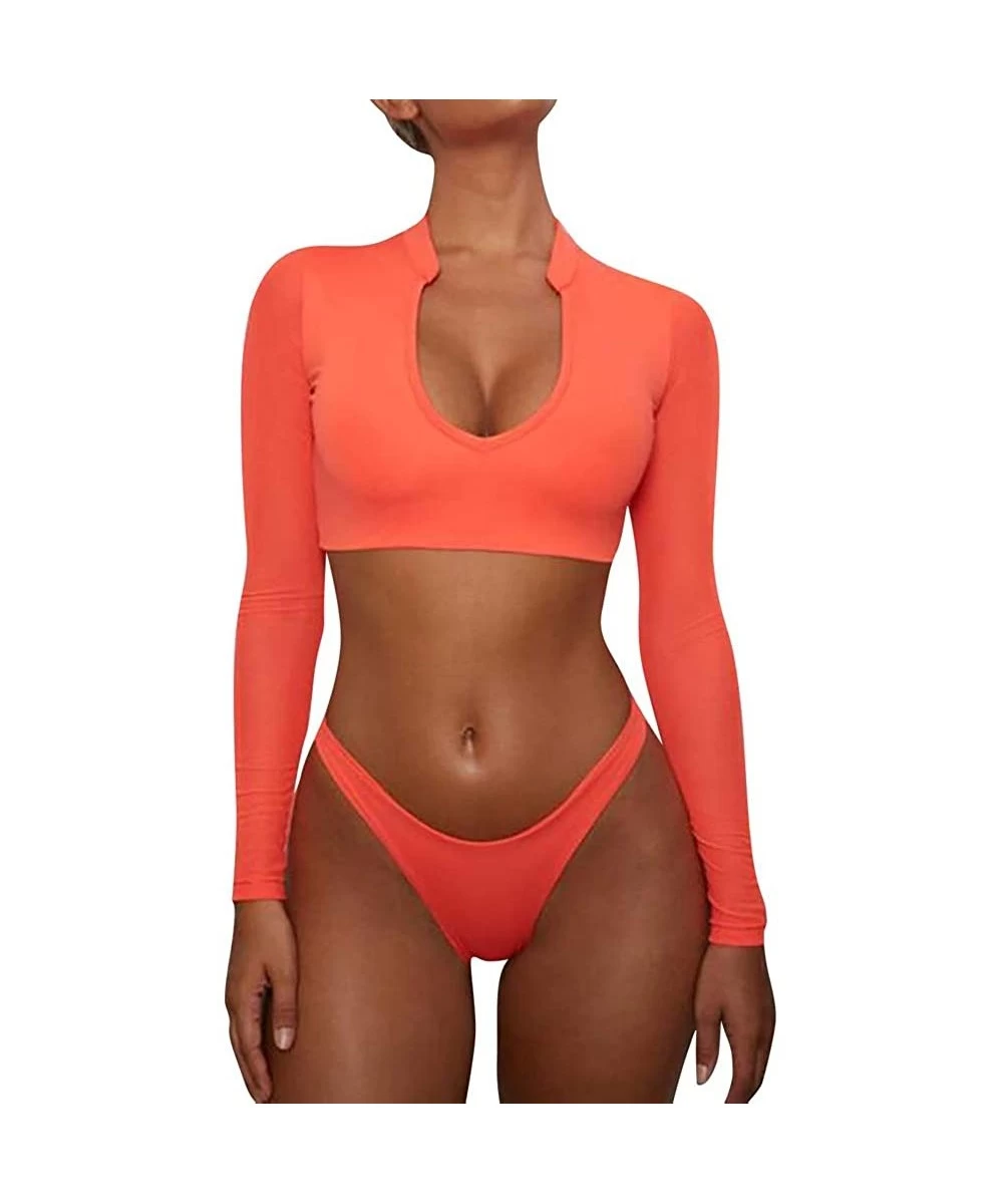 Sets Women's Long Sleeves Swimsuit Mesh Cover up Cutout Thong Bikini Bathing Suits Two Piece Swimwear - Orange - CU18NLD5OUZ