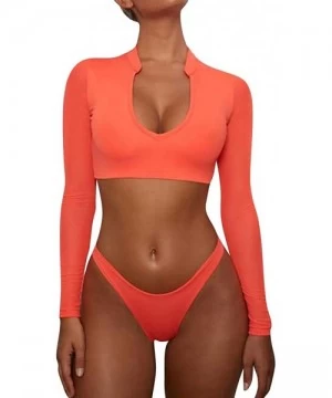 Sets Women's Long Sleeves Swimsuit Mesh Cover up Cutout Thong Bikini Bathing Suits Two Piece Swimwear - Orange - CU18NLD5OUZ