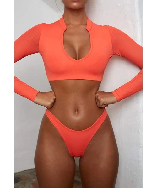 Sets Women's Long Sleeves Swimsuit Mesh Cover up Cutout Thong Bikini Bathing Suits Two Piece Swimwear - Orange - CU18NLD5OUZ