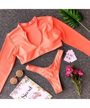 Sets Women's Long Sleeves Swimsuit Mesh Cover up Cutout Thong Bikini Bathing Suits Two Piece Swimwear - Orange - CU18NLD5OUZ