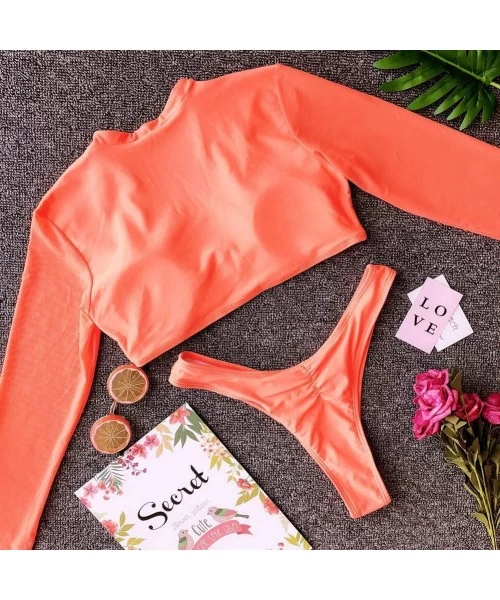 Sets Women's Long Sleeves Swimsuit Mesh Cover up Cutout Thong Bikini Bathing Suits Two Piece Swimwear - Orange - CU18NLD5OUZ