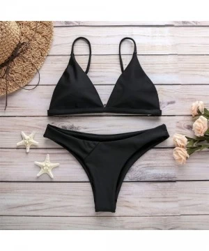 Sets Women Summer Solid Bikini Push-Up Pad Swimwear Bathing Beachwear Set Monokini Swimsuit - Black - CO18R3WXHOC