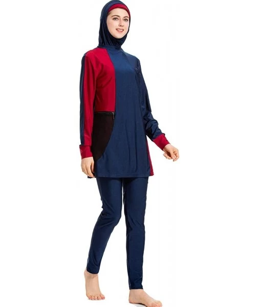 Tankinis Womens Modest Muslim Islamic Swimsuit Gradient Burkini with Swimsuit SPF 50+ - Navy Blue - CS18STQAUAC