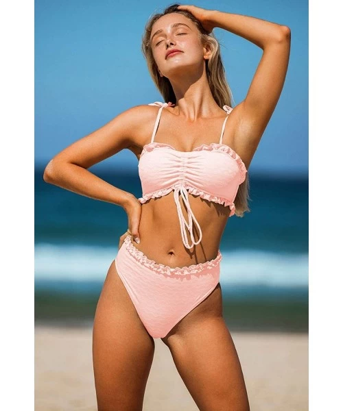 Sets Womens High Waisted Bikini Sets Ruffle String Bathing Suits Swimwear 2PC Swimsuits for Women - Pink - C0195XSG6CG