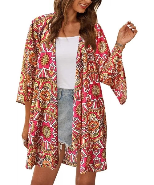 Cover-Ups Womens Kimono Beach Cover Up Chiffon Cardigan Floral Tops Loose Capes - Boho Red - CL18QXGGUL5