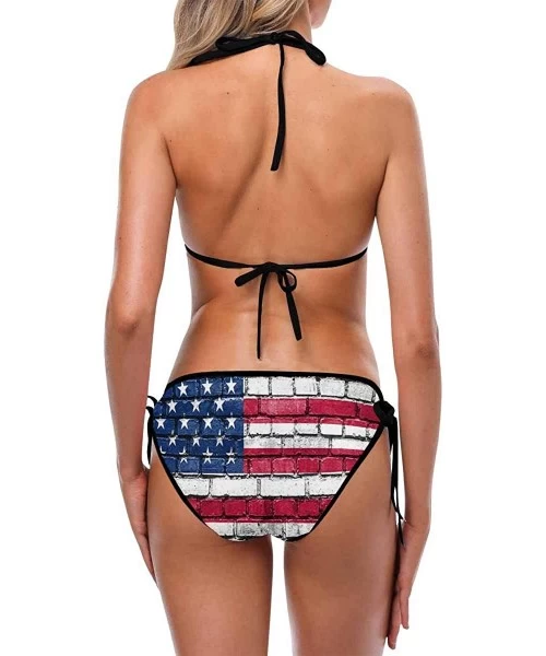 Sets Women's Flag Printed Bikini Swimsuit Halter Strap Tie Back Swimwear 2 Pieces Sets - Style 9 - CD18QKOMKRX