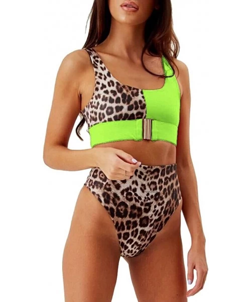 Sets Women's Summer Leopard Buckle Front Bikini Beach Top with High Waist Two Pieces wim Cheeky Bathing Suit - Bgreen - CA190...