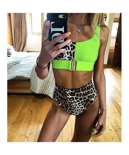 Sets Women's Summer Leopard Buckle Front Bikini Beach Top with High Waist Two Pieces wim Cheeky Bathing Suit - Bgreen - CA190...