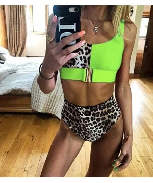 Sets Women's Summer Leopard Buckle Front Bikini Beach Top with High Waist Two Pieces wim Cheeky Bathing Suit - Bgreen - CA190...