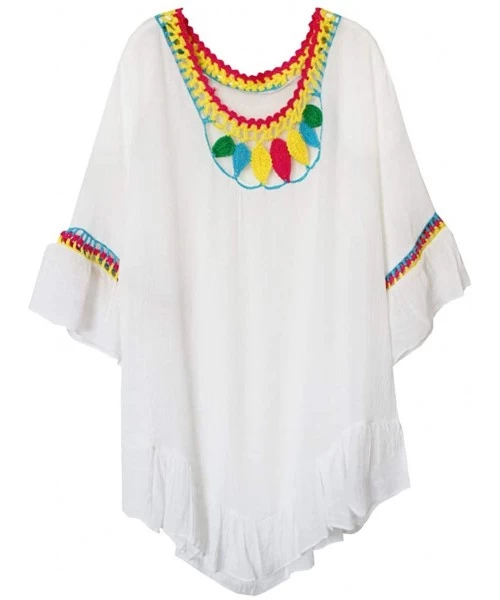 Cover-Ups Big Girl Crochet Beach Cover Up Swimsuit - White Ruffle - CK199CI7N8G