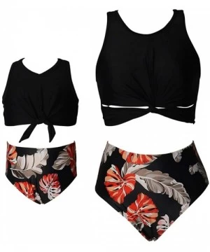 Cover-Ups Family Swimwear Floral Printed Two Piece High Waist Sleeveless Tank Top Bikini Suits - Black - C1195T98RLA