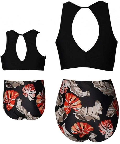 Cover-Ups Family Swimwear Floral Printed Two Piece High Waist Sleeveless Tank Top Bikini Suits - Black - C1195T98RLA