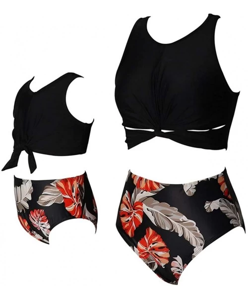 Cover-Ups Family Swimwear Floral Printed Two Piece High Waist Sleeveless Tank Top Bikini Suits - Black - C1195T98RLA