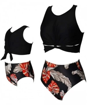 Cover-Ups Family Swimwear Floral Printed Two Piece High Waist Sleeveless Tank Top Bikini Suits - Black - C1195T98RLA