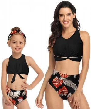 Cover-Ups Family Swimwear Floral Printed Two Piece High Waist Sleeveless Tank Top Bikini Suits - Black - C1195T98RLA