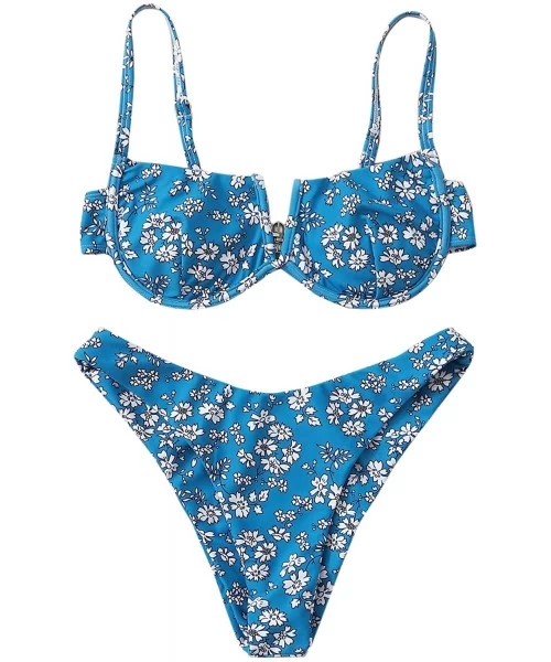 Sets Women's Floral Print Underwire Cami Top with High Cut Bikini Set - 1-blue - CM199L9X7X8