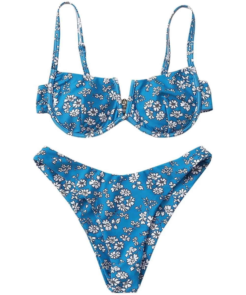 Sets Women's Floral Print Underwire Cami Top with High Cut Bikini Set - 1-blue - CM199L9X7X8