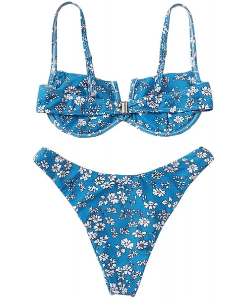 Sets Women's Floral Print Underwire Cami Top with High Cut Bikini Set - 1-blue - CM199L9X7X8